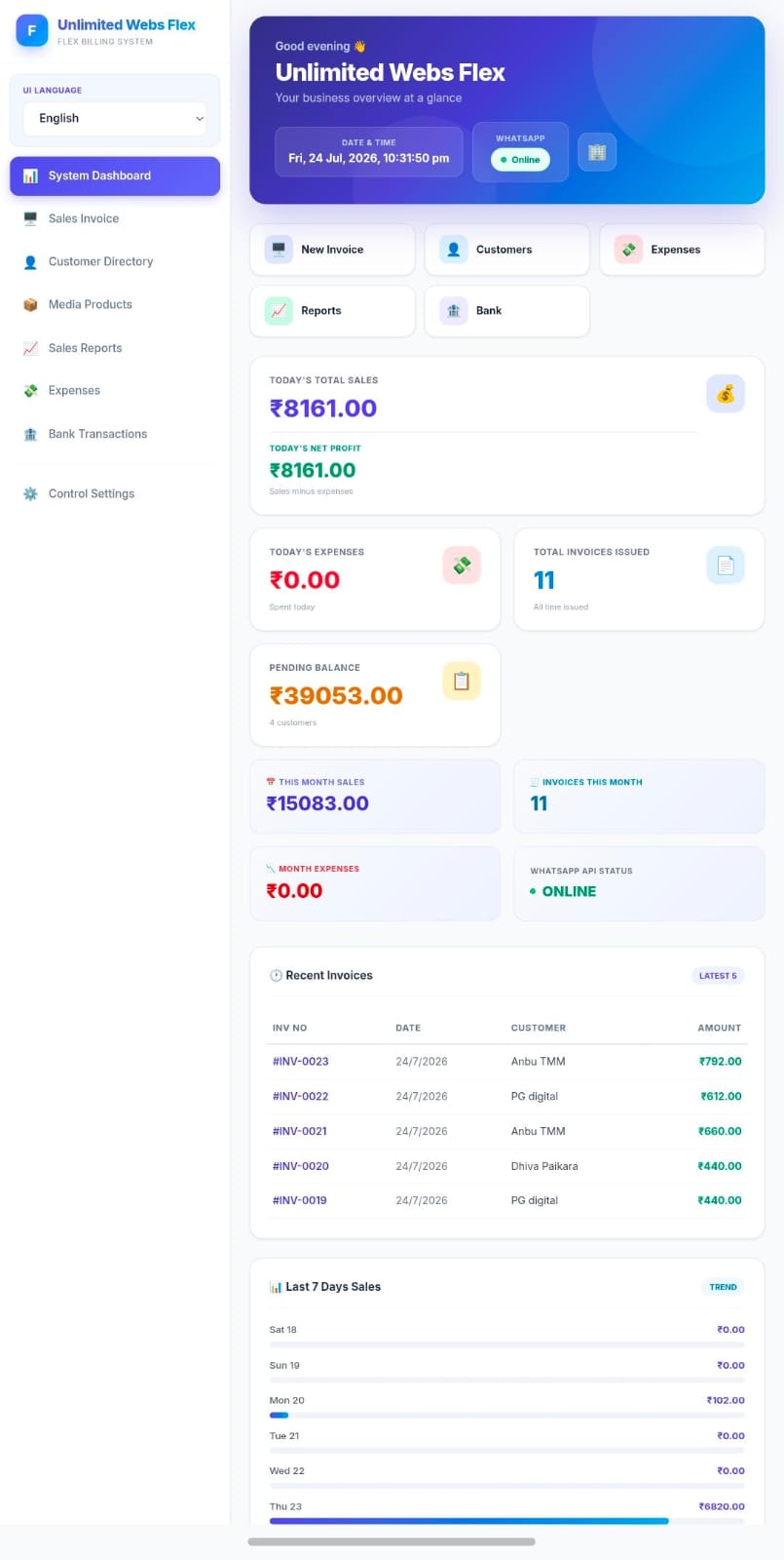 Unlimited Webs Flex — System Dashboard showing today's sales, invoices and pending balance