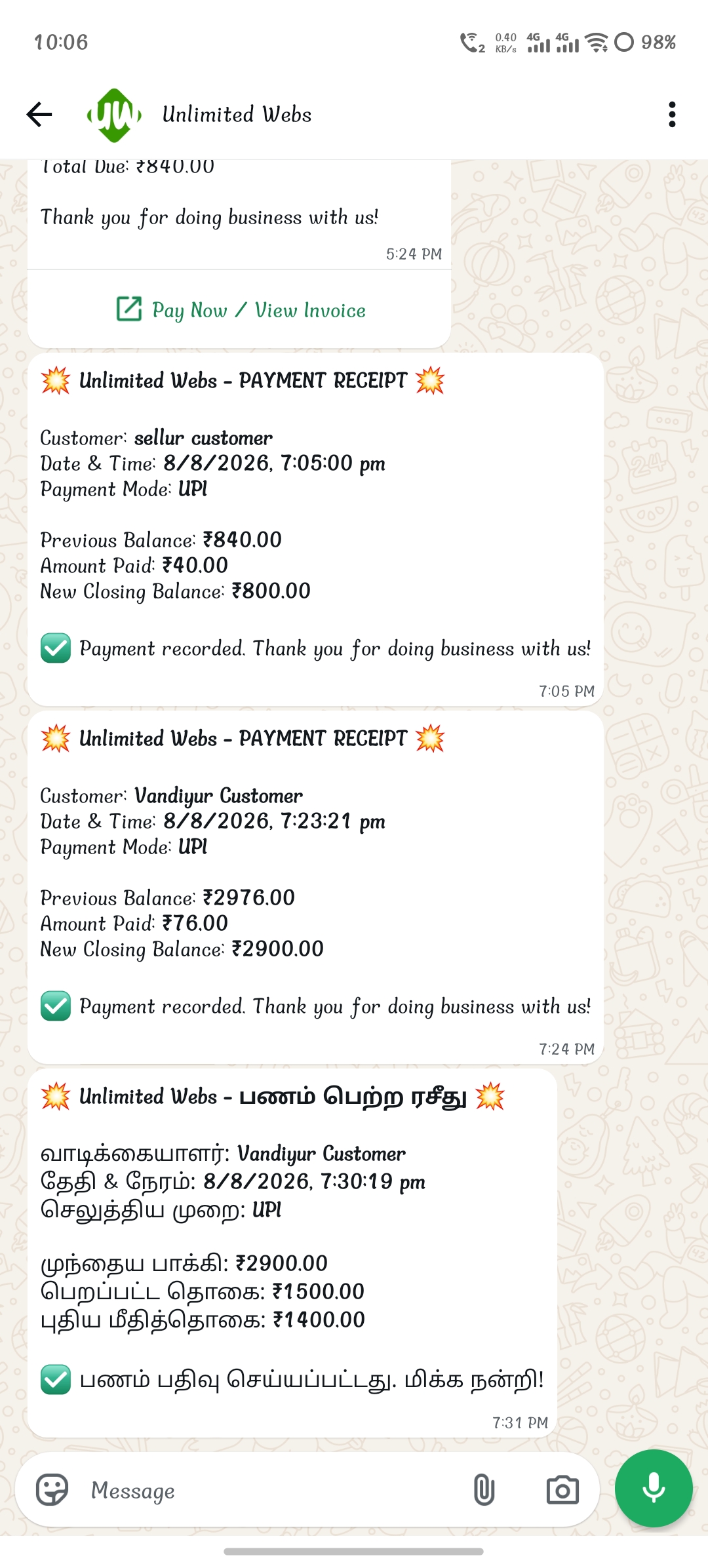Unlimited Webs Flex — WhatsApp payment receipt sent automatically to customer after payment